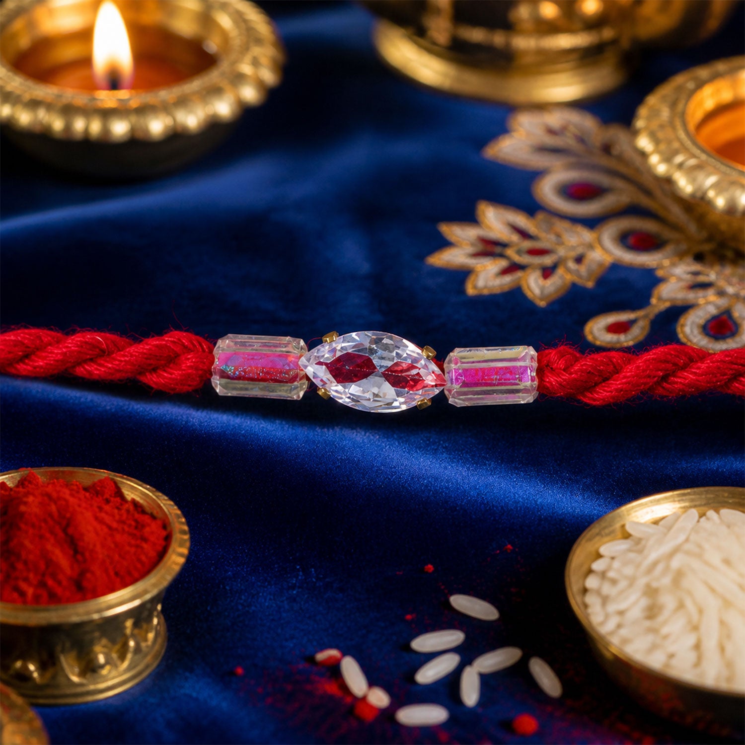Red Thread Rakhi with Pink and Clear Crystal Bead Pendant Accents