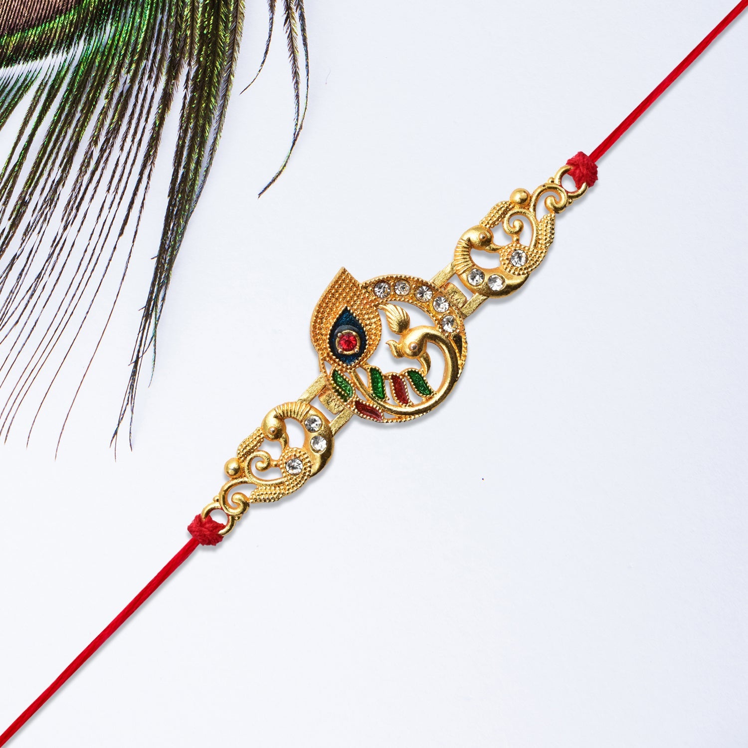 Krishna Flute Rakhi Golden Enamel Red Thread for Raksha Bandhan (5pcs)
