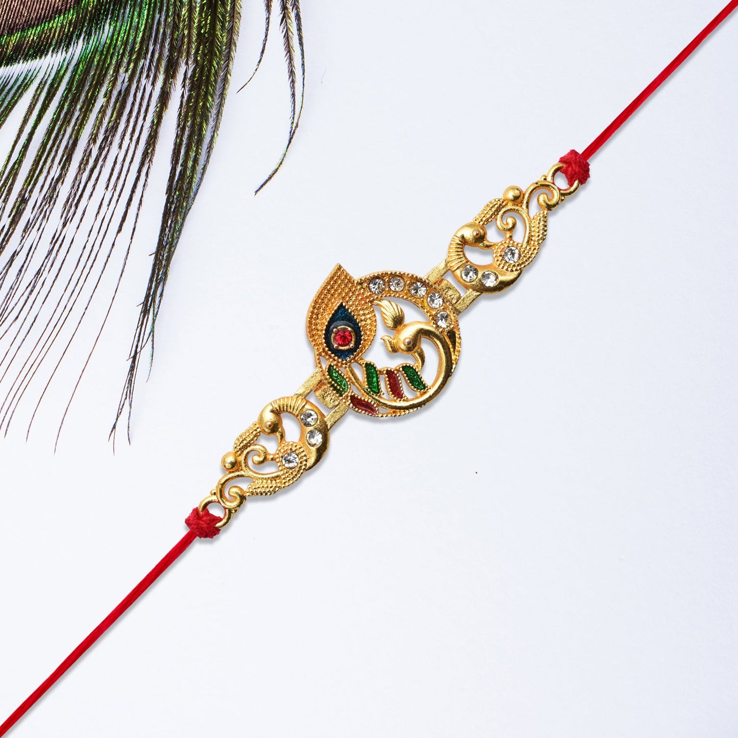 Krishna Flute Rakhi Golden Enamel Red Thread for Raksha Bandhan (10pcs)
