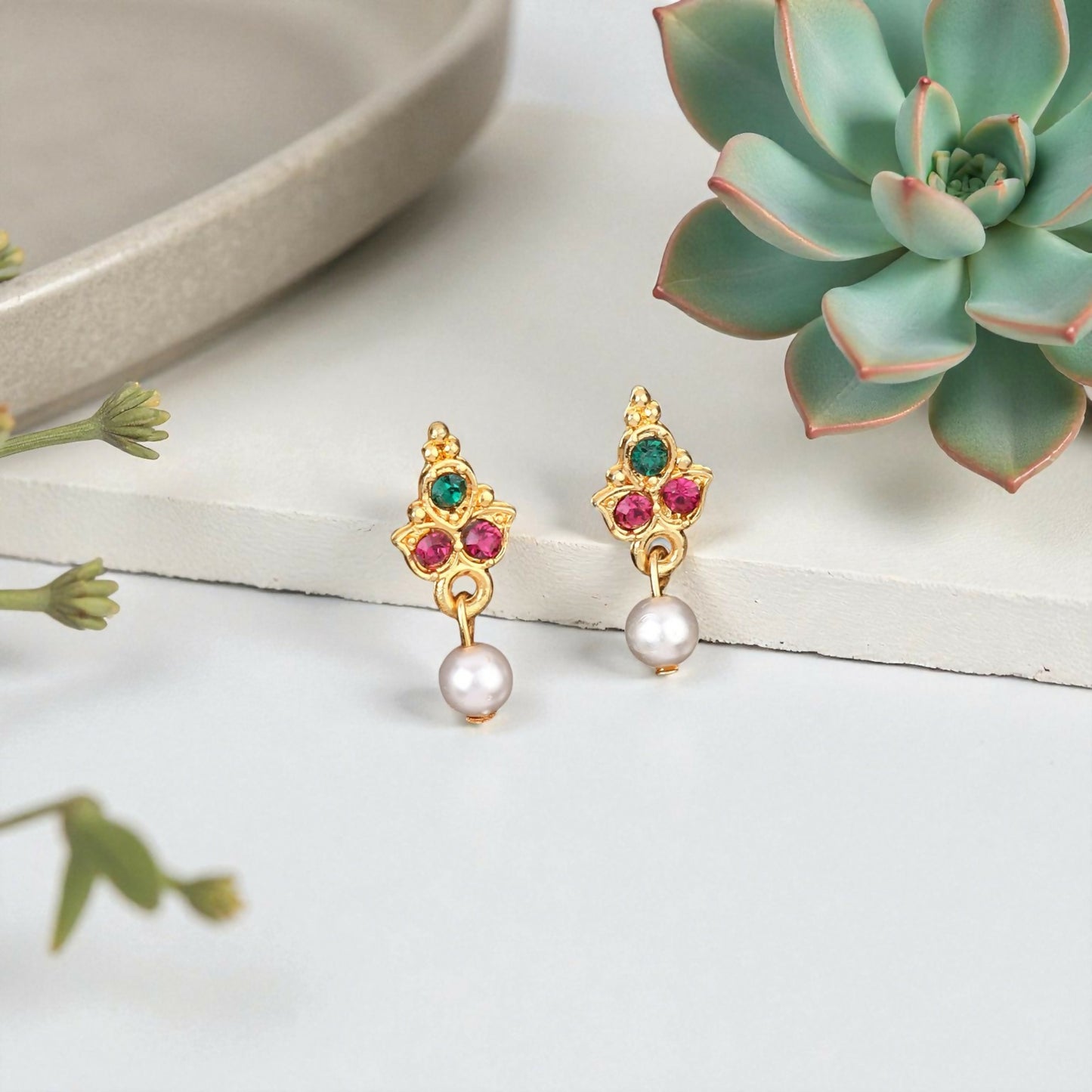 Gold-Tone Green-Pink & Crystal Flower Choker with Pearl Drops