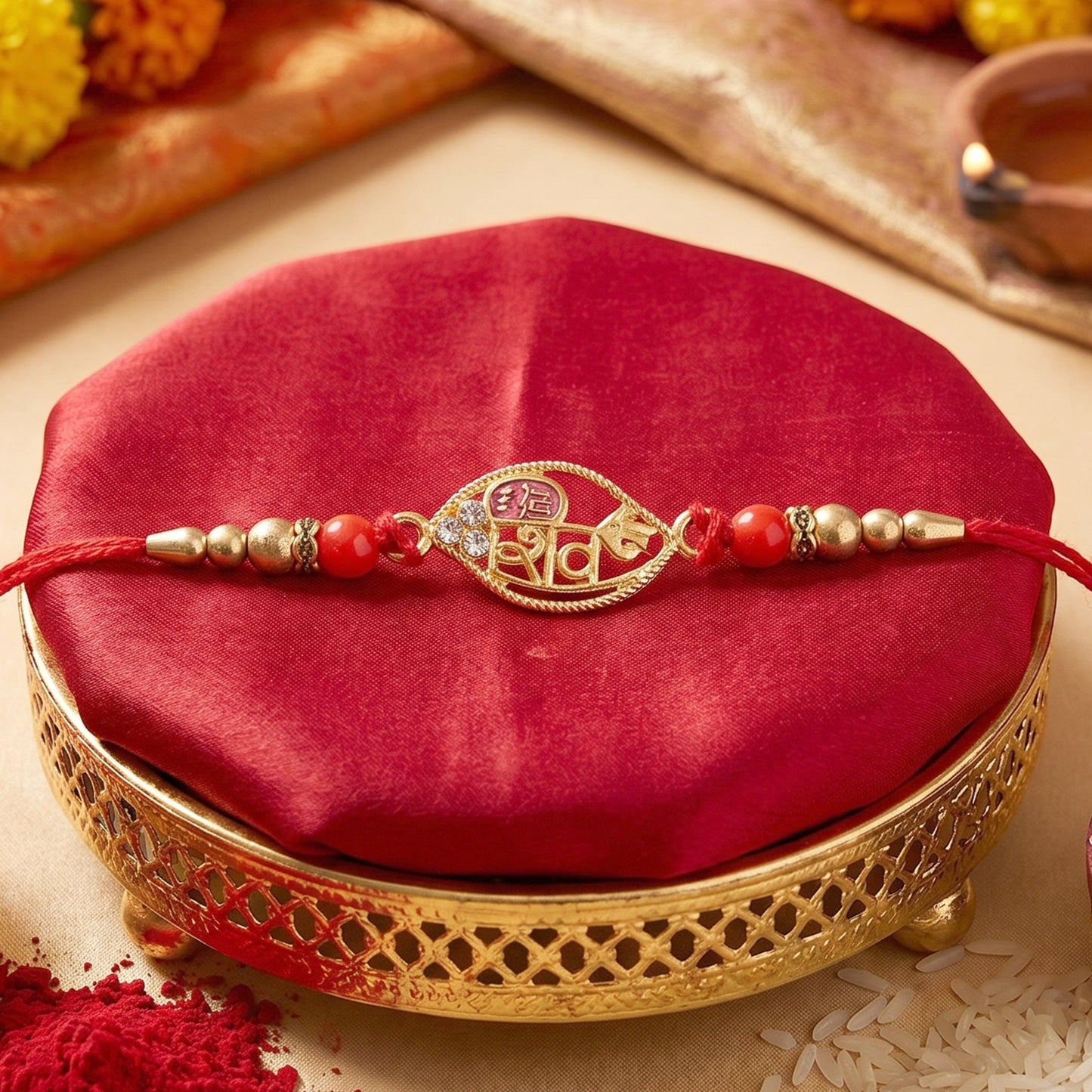 Gold Leaf Shiv Rakhi with Pearl Sides and Red Beads