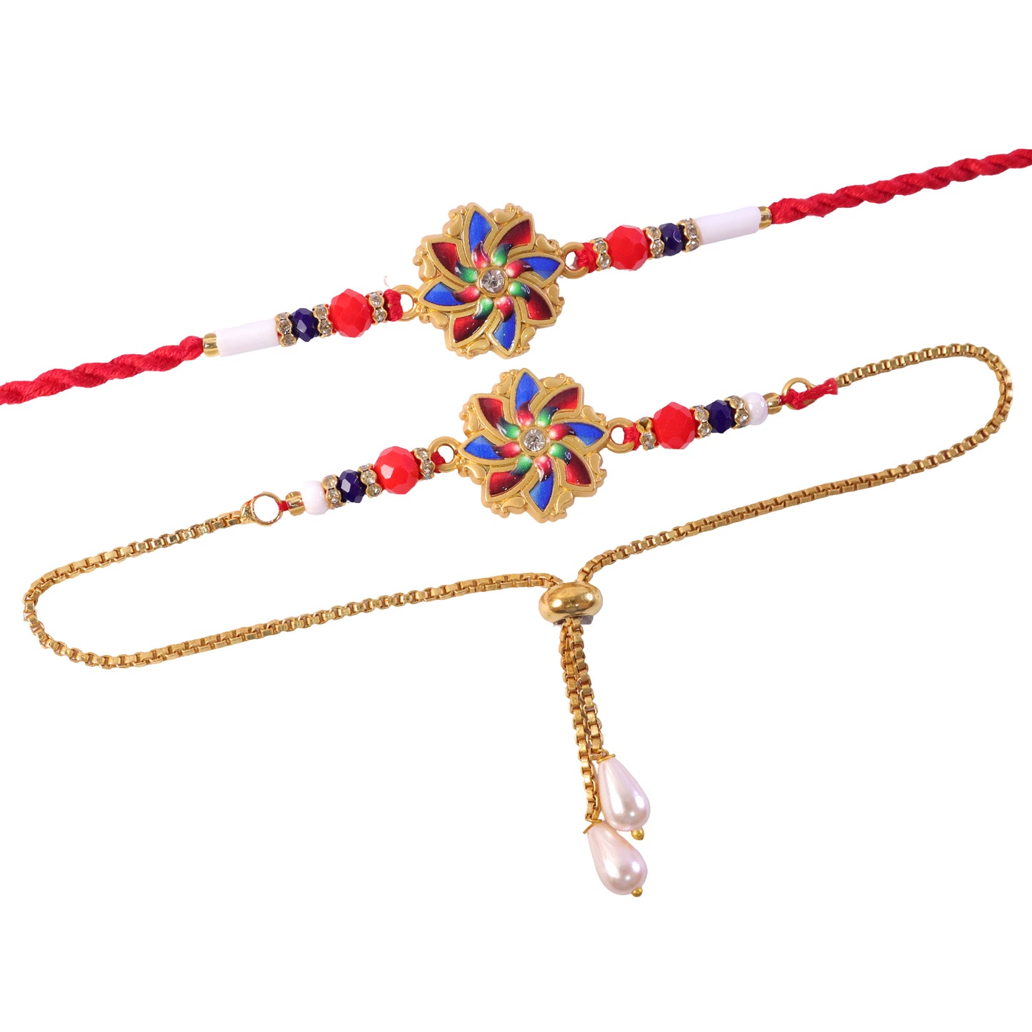 Pinwheel Floral Charm Bhai Bhabhi Lumba Rakhi with Pearl Drops