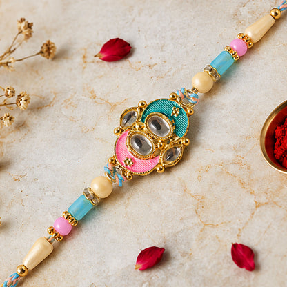 Teal and Pink Enamel Kundan Pendant Rakhi with Pastel Beads