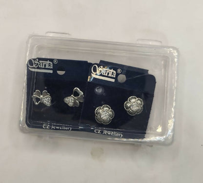 Packaging box for silver plated cubic zirconia stud earrings set with bow and flower designs