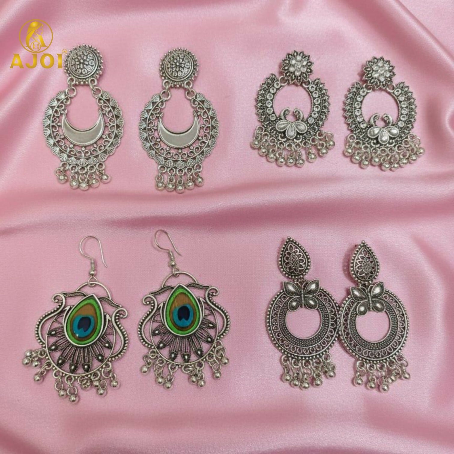 Traditional Oxidised Silver Earrings Combo Set for Women And Girls(PACK OF 4)