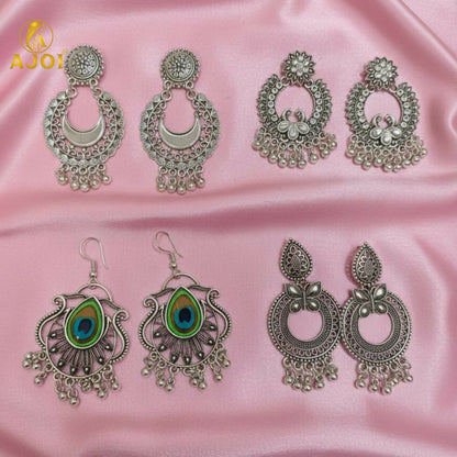 Traditional Oxidised Silver Earrings Combo Set for Women And Girls(PACK OF 4)