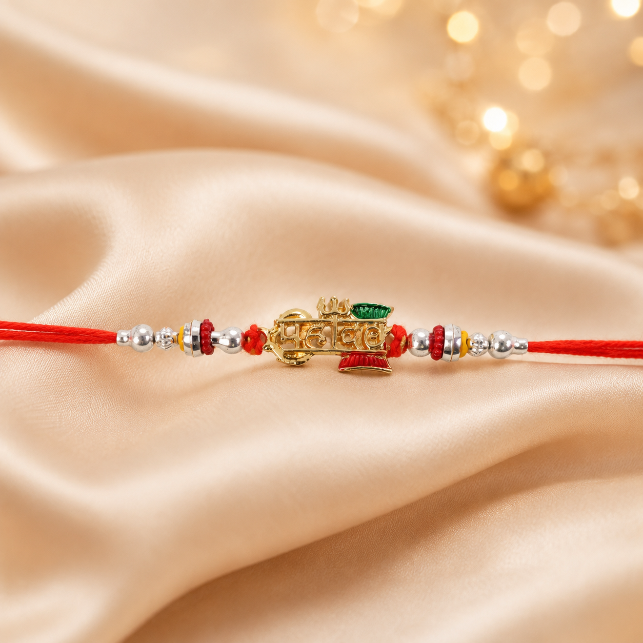 Mahadev Damru Rakhi with Red Green Beads and Pearl Highlights