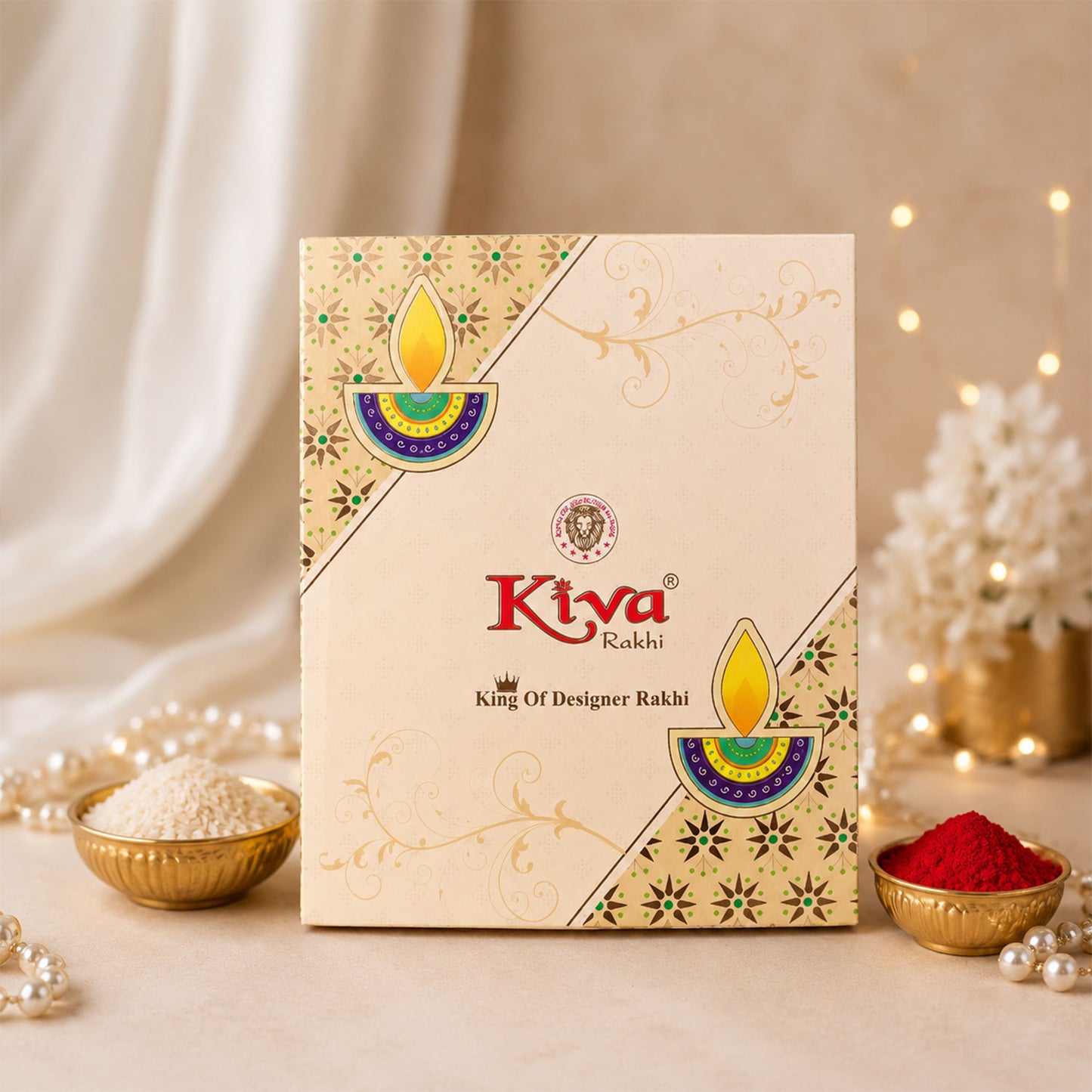 Antique Gold Teardrop Designer Rakhi with Red Stone, Roli Chawal Coin and Diya Gift Packing