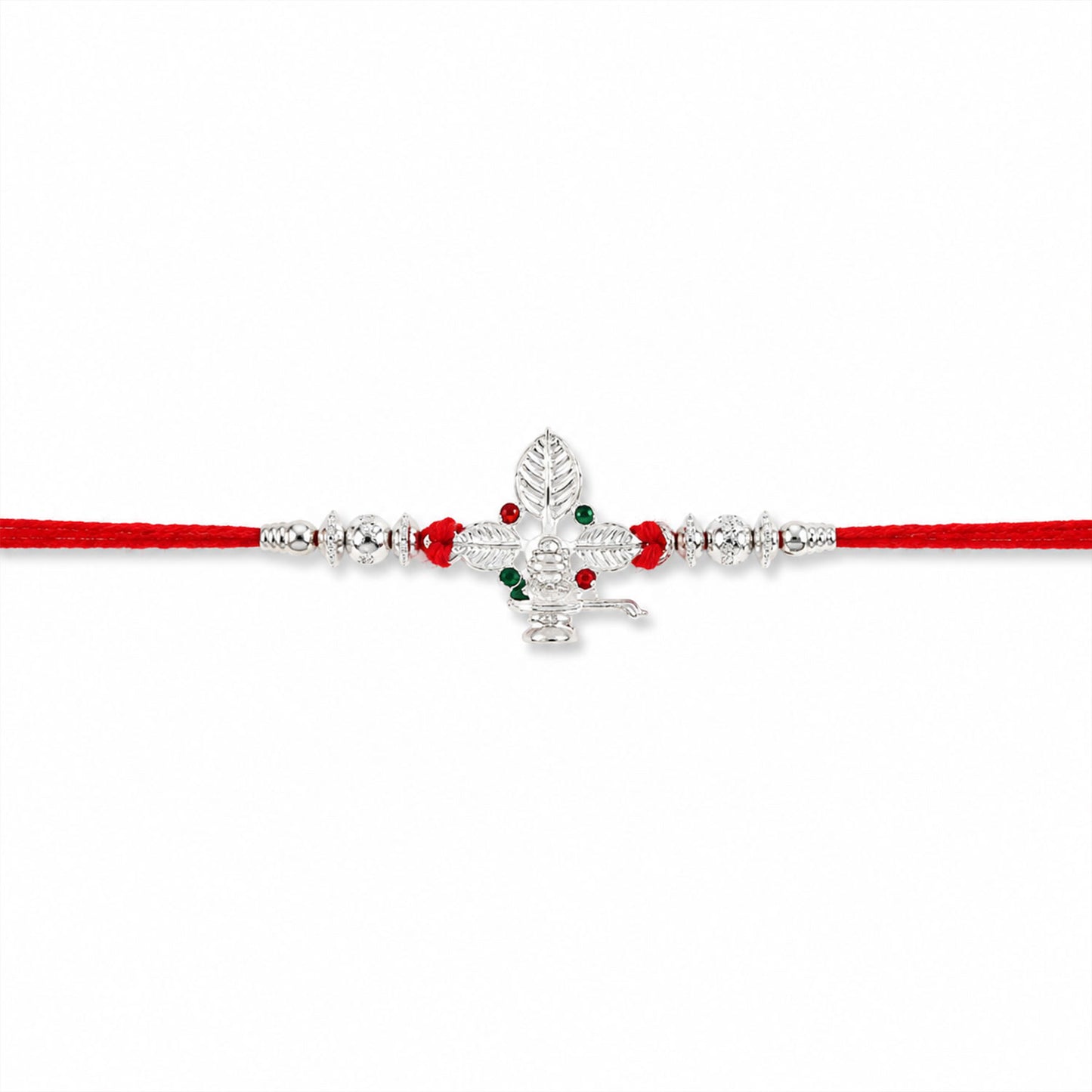Silver Shivling Leaf Rakhi with Green Stones and Bright Red Thread