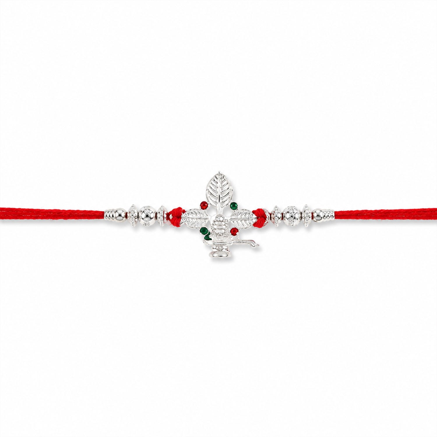 Silver Shivling Leaf Rakhi with Green Stones and Bright Red Thread