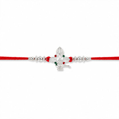 Silver Shivling Leaf Rakhi with Green Stones and Bright Red Thread