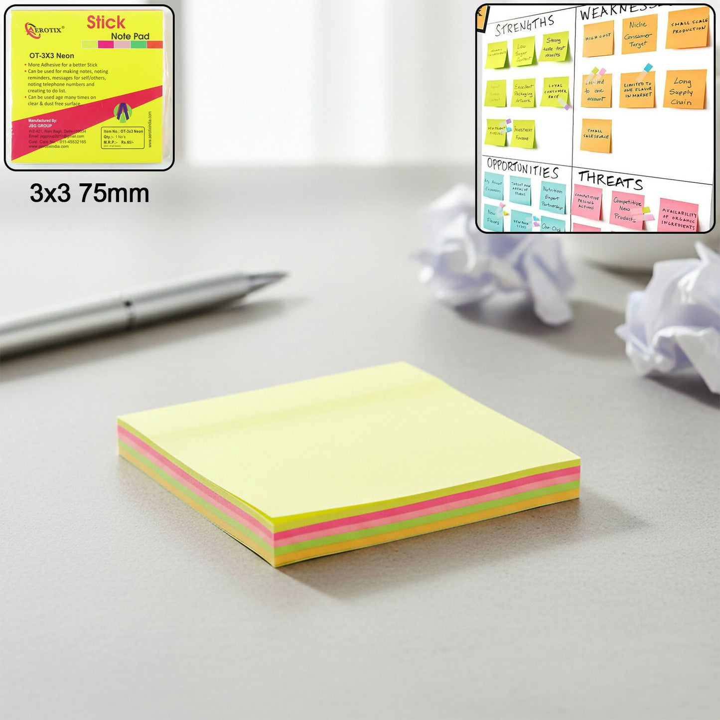Aerotix 3x3 Inch Neon Sticky Note Pad 75mm Self Adhesive Re-Stick Memo Notes for Office