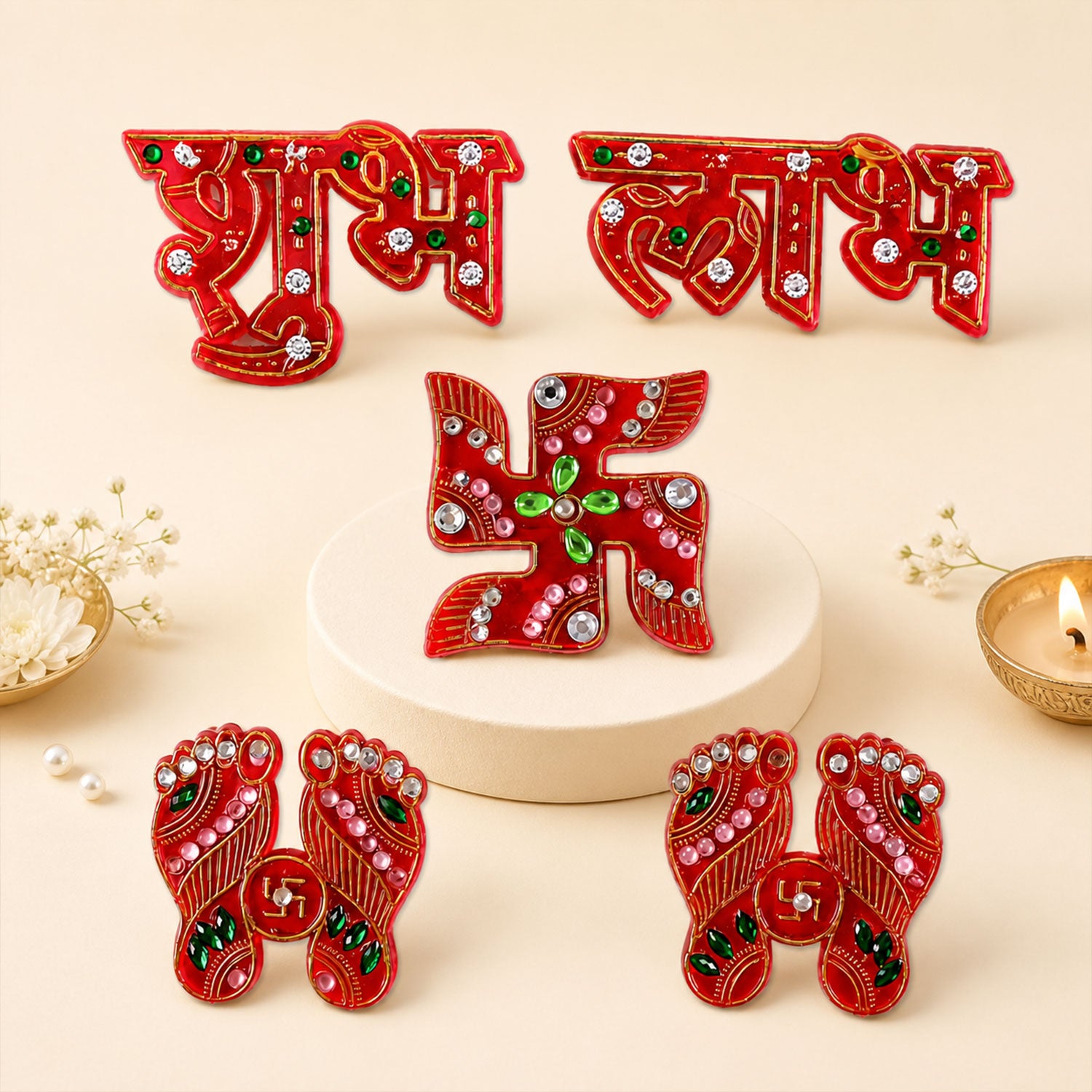 Decorative Shubh Labh Swastik & Lakshmi Footprints Set for Pooja Room & Home Decor