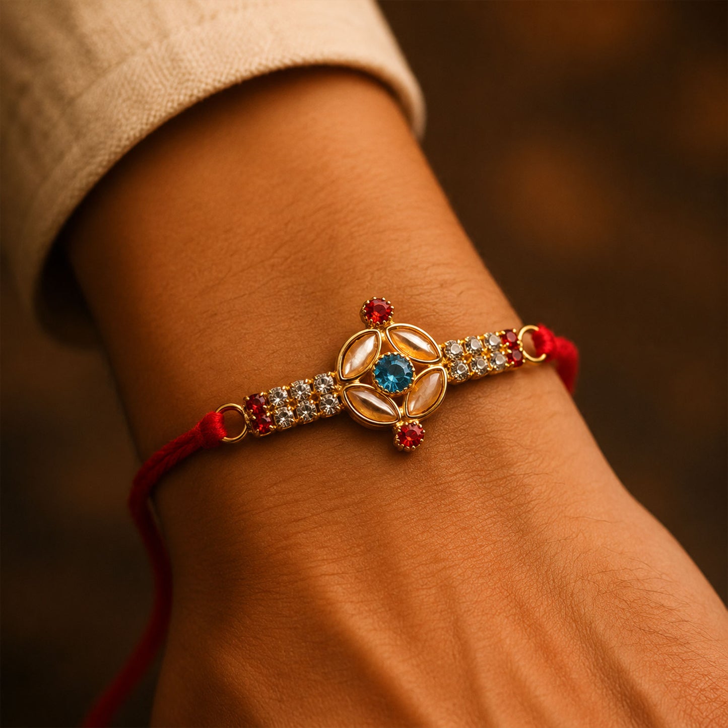 Blue Center Floral Kundan Rakhi with Red Stones and Pearl Ends