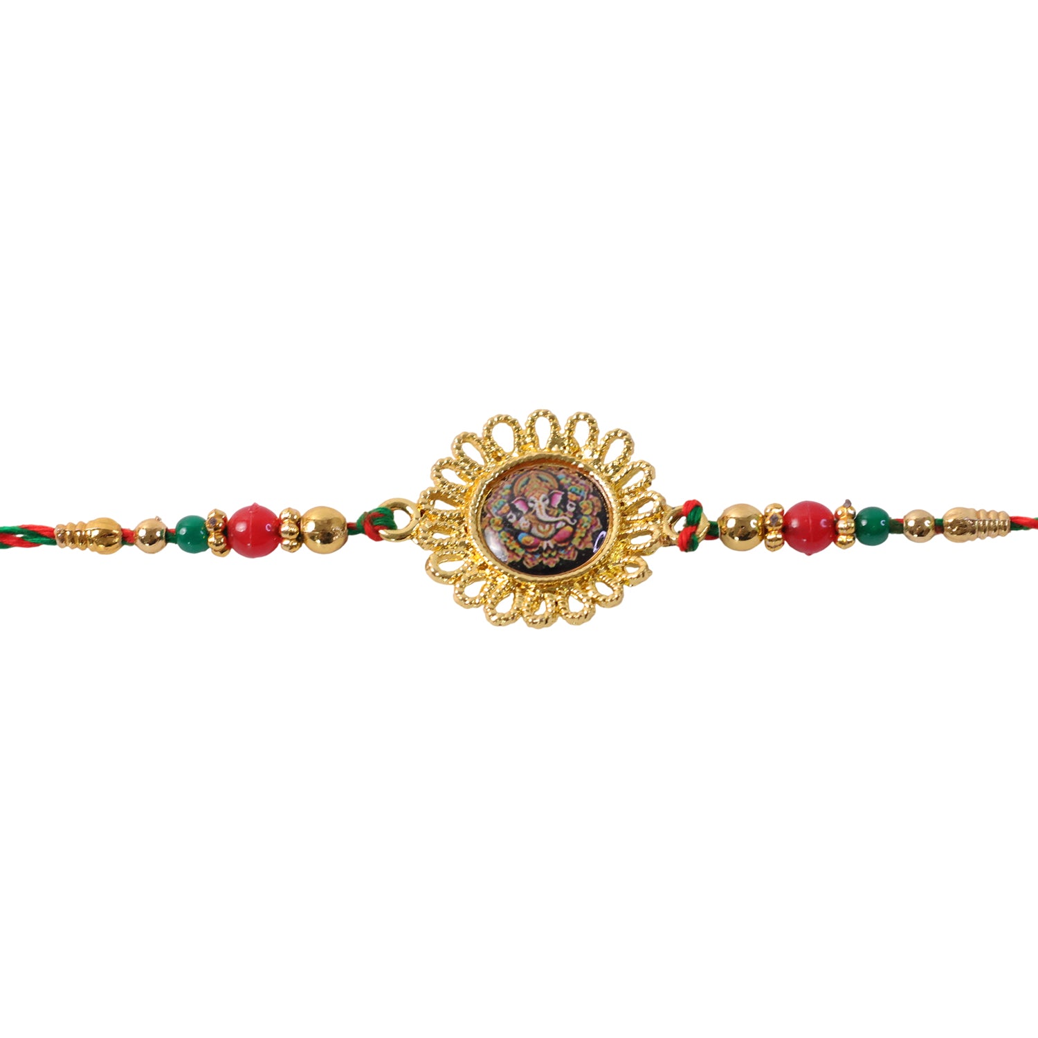 Hand Painted Ganesha Medallion Rakhi with Red Beads