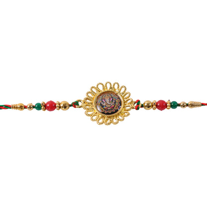 Hand Painted Ganesha Medallion Rakhi with Red Beads