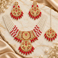 Royal Crimson Red Meenakari Pearl Chick Set with Maang Tikka & Earrings