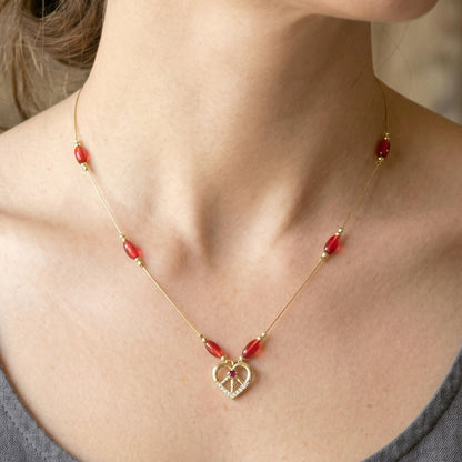 Heart Pendant Necklace with Tricolor Beads and Ruby Accent (3Pc/Set)