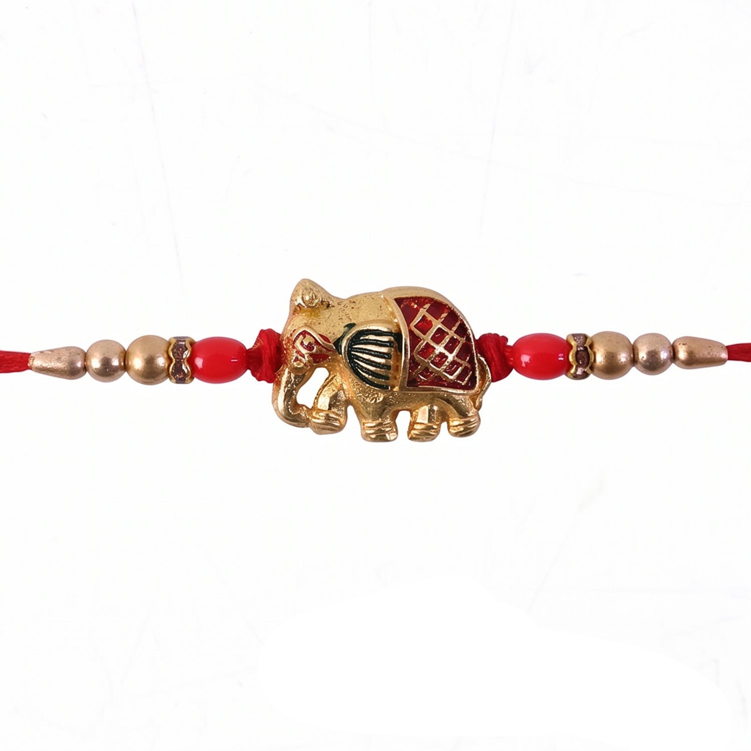 Gold Elephant Rakhi with Red Beads and Pearl Side Detailing