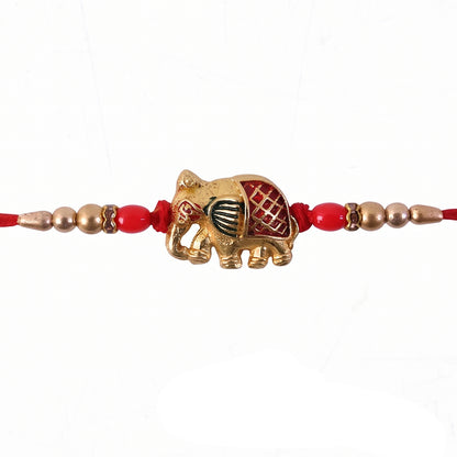 Gold Elephant Rakhi with Red Beads and Pearl Side Detailing