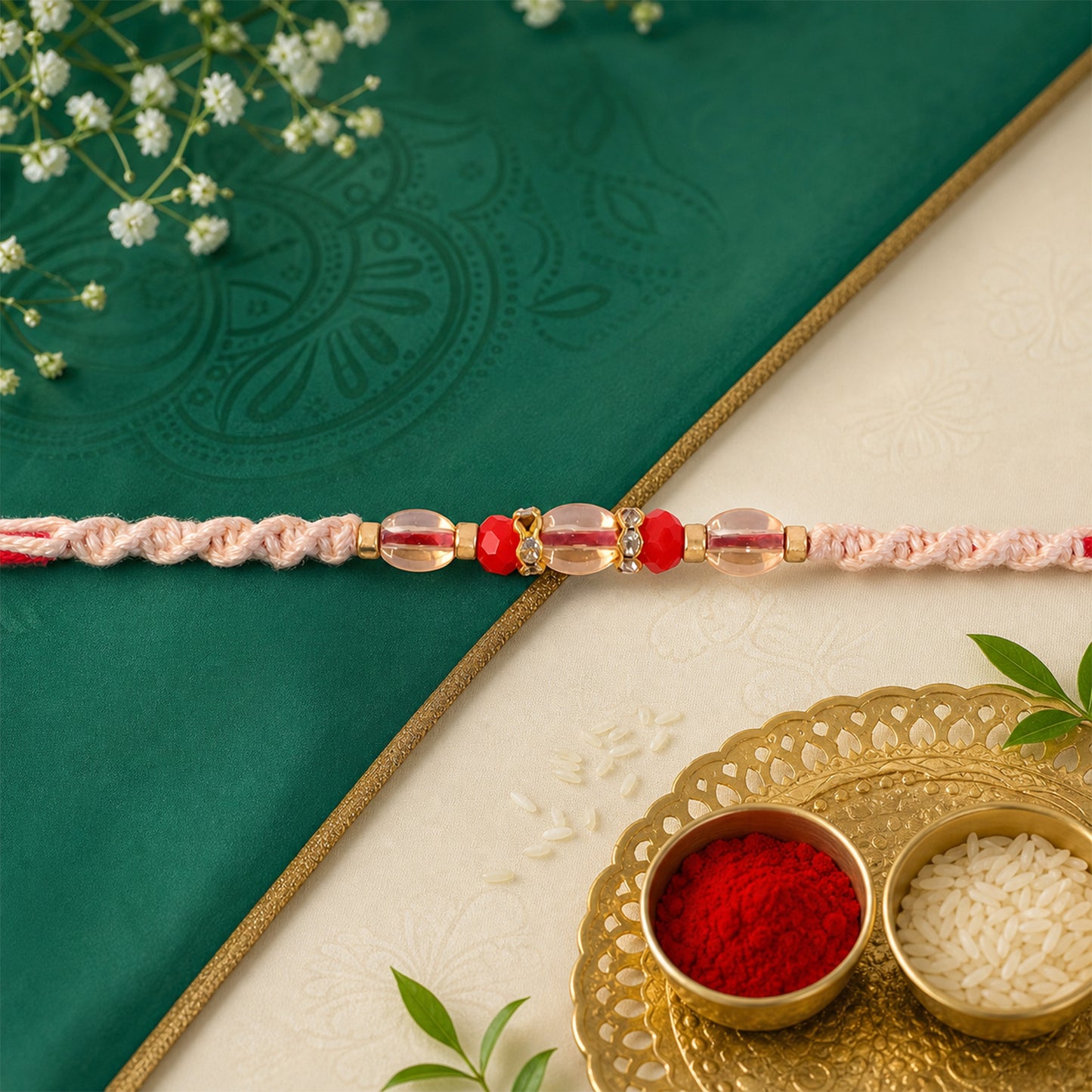 Peach Twisted Cord Rakhi with Red and Sparkling Crystal Bead Accents