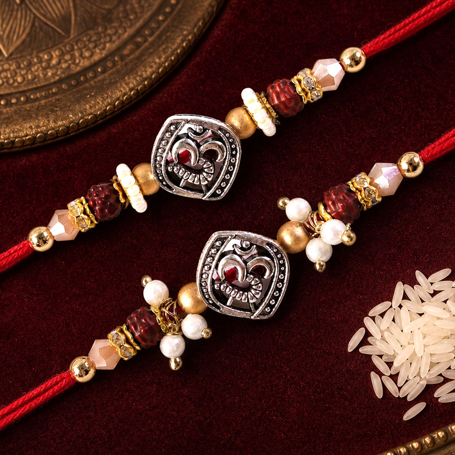 Om Face Designer Rakhi Set for Brother & Couple Rakhi with Pearl Beads and Red Thread
