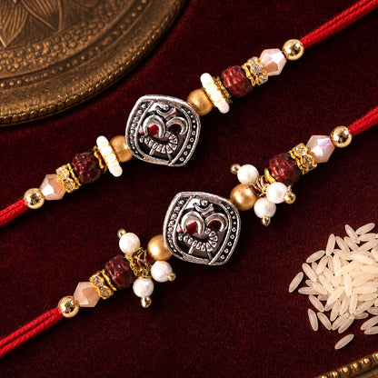 Om Face Designer Rakhi Set for Brother & Couple Rakhi with Pearl Beads and Red Thread