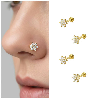 Gold plated crystal flower nosepin stud with flat back for comfortable nose piercing