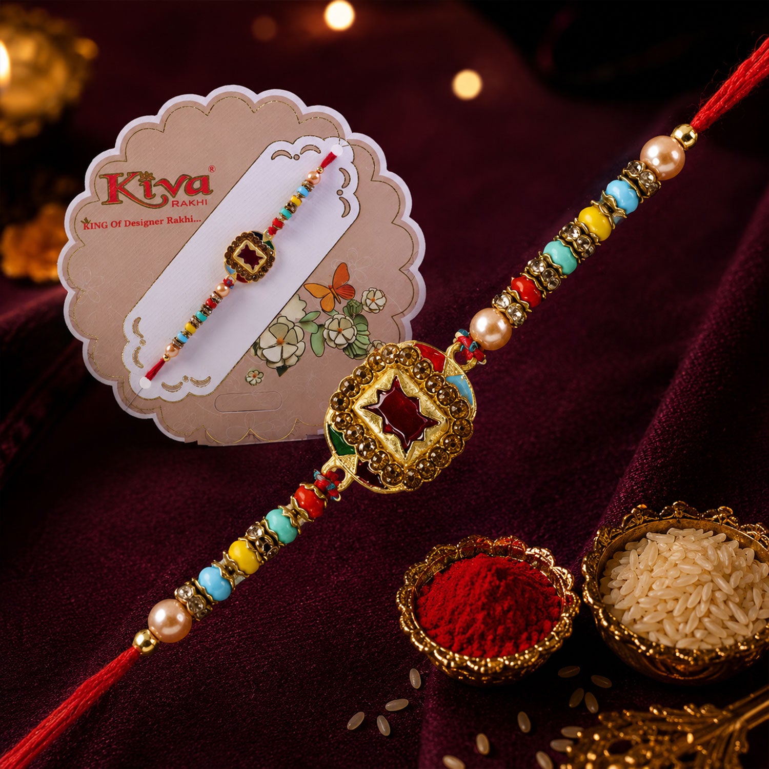 Maroon Stone Gold Kundan Border Designer Rakhi for Brother with Beads