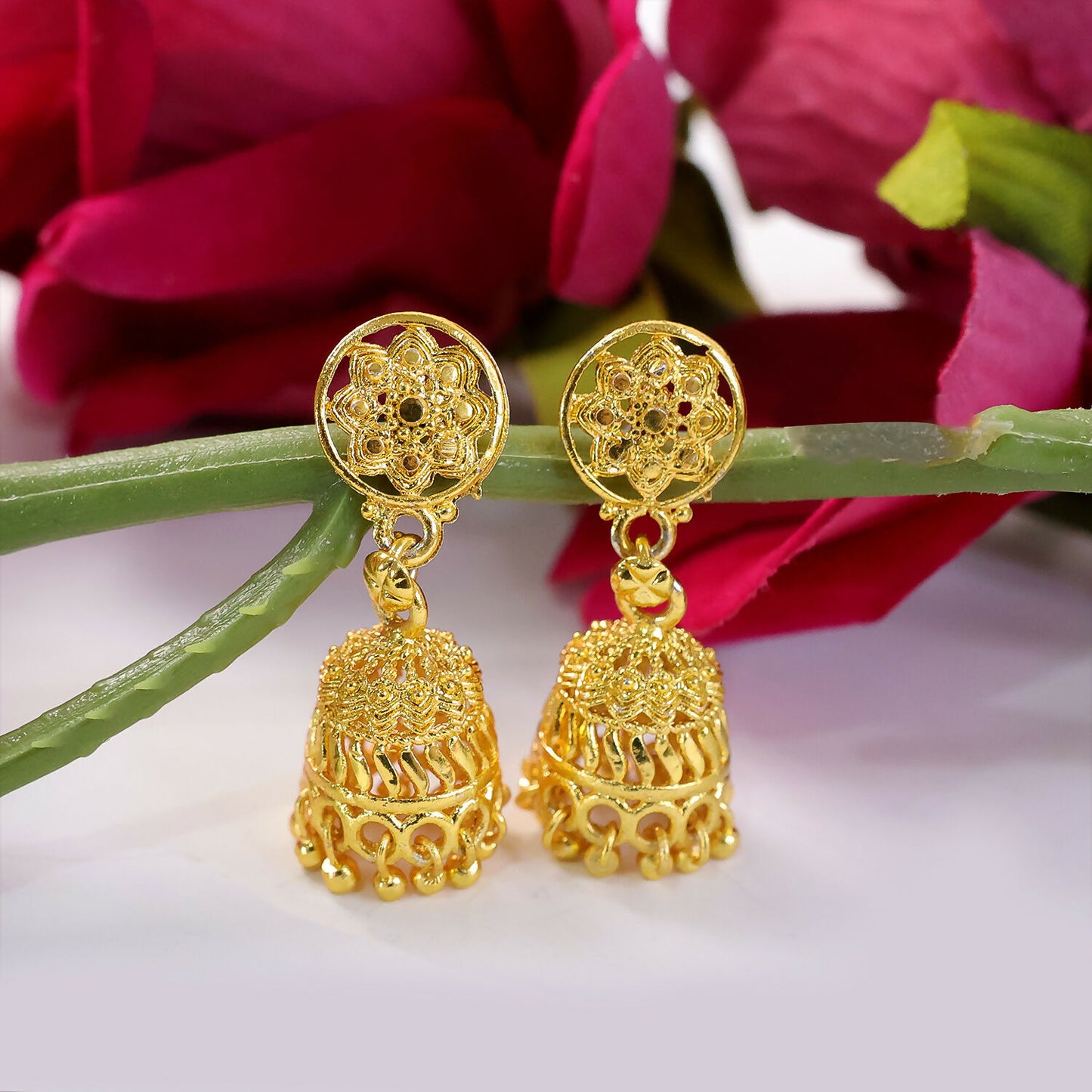 Gold plated floral jhumka earrings front view