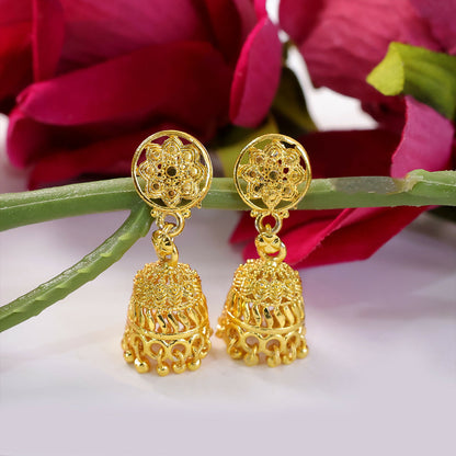 Gold plated floral jhumka earrings front view