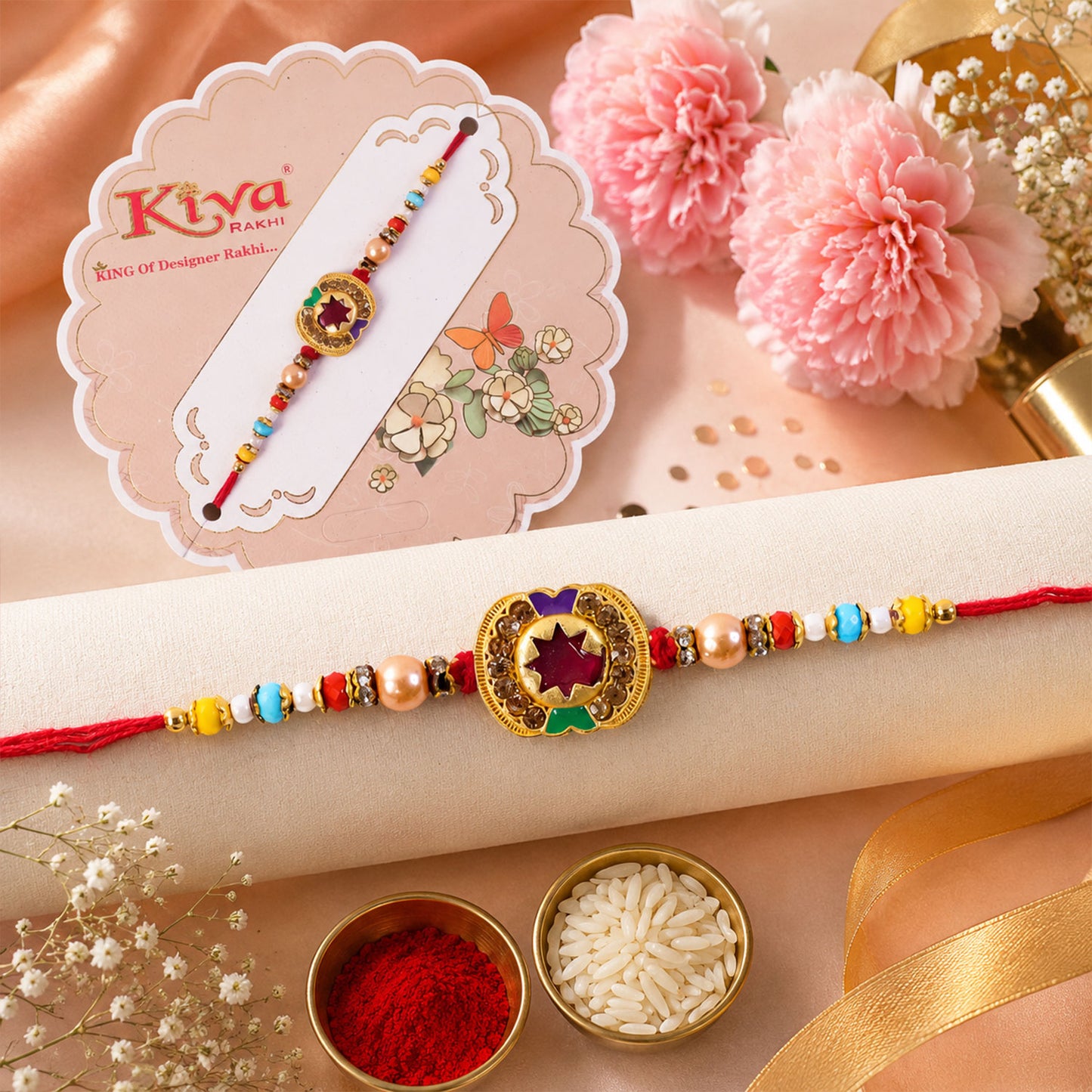 Magenta Star Floral Meenakari Rakhi for Brother with Pearl Beads Gift