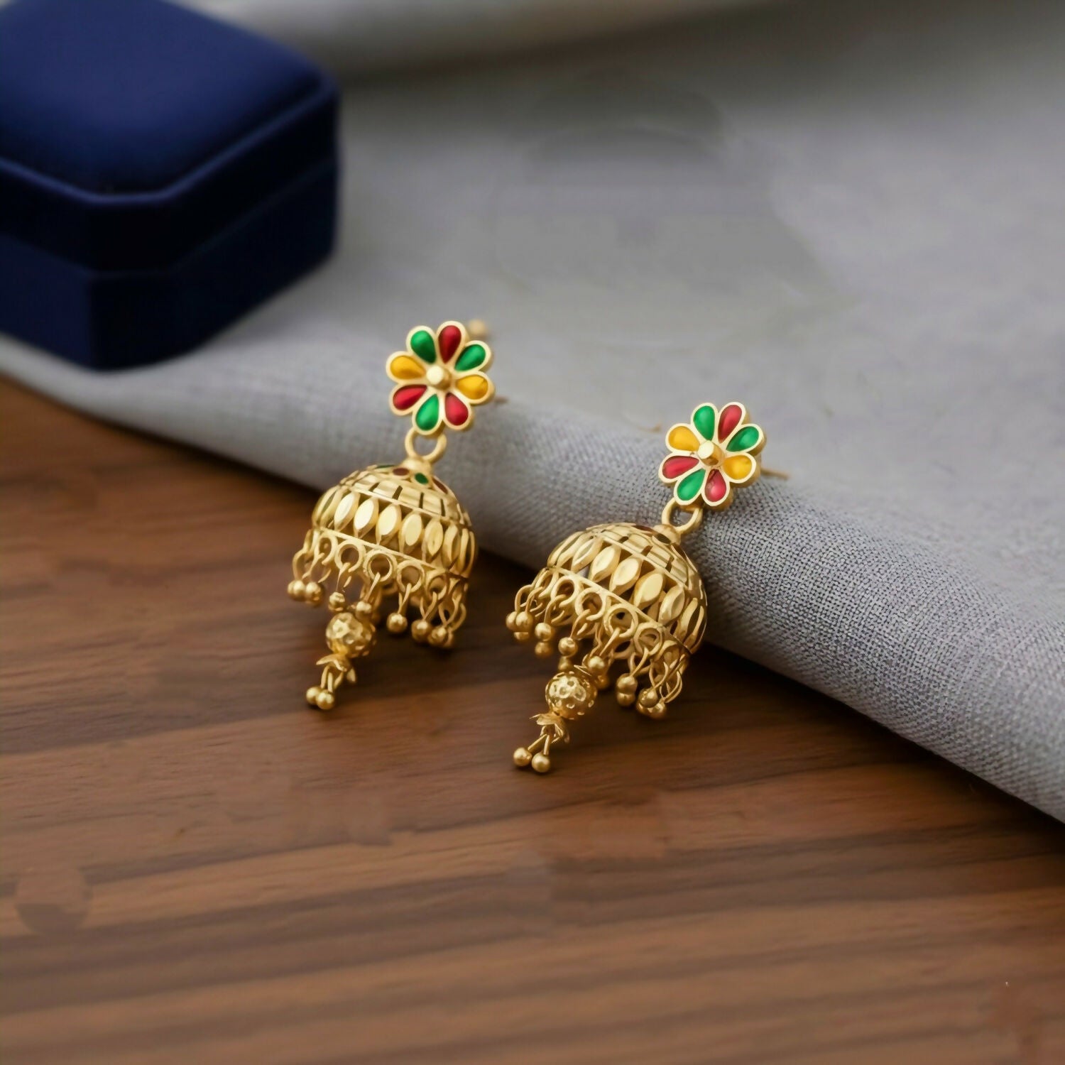 Floral Enamel Gold-Plated Jhumka Earrings