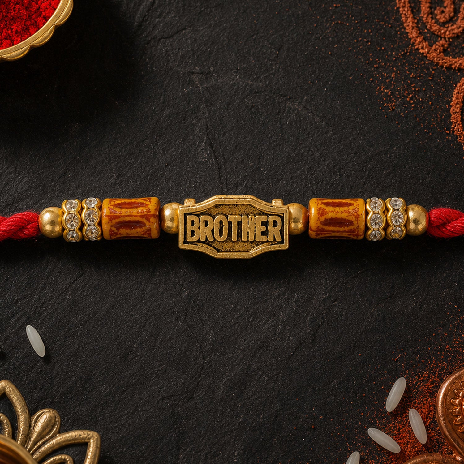 Red Thread Rakhi with Wooden Beads and a Personalised 'Brother' Charm