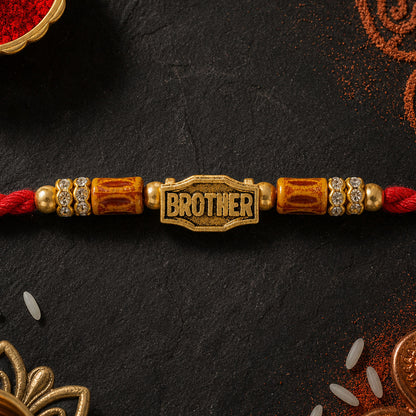 Red Thread Rakhi with Wooden Beads and a Personalised 'Brother' Charm