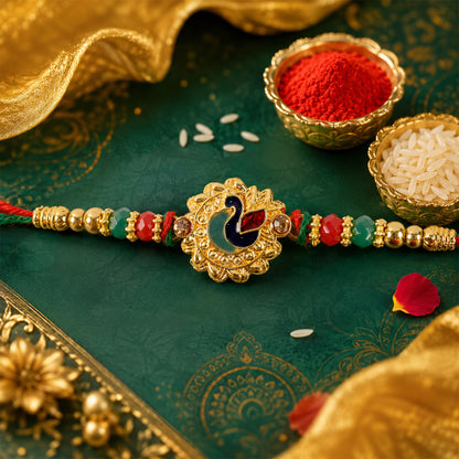 Peacock Floral Golden Rakhi with Blue Green Enamel, Red Beads and Decorative Centre
