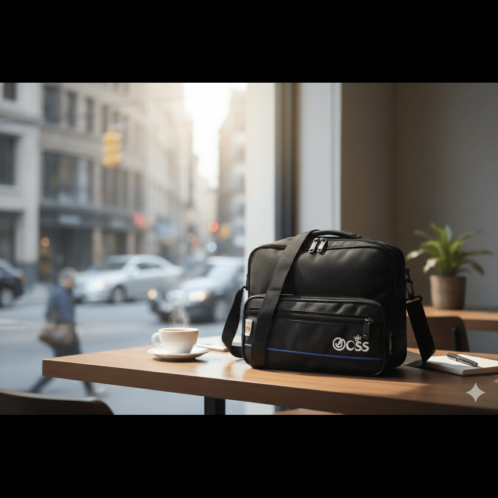 Messenger bag showing spacious main compartment and multiple zippered pockets