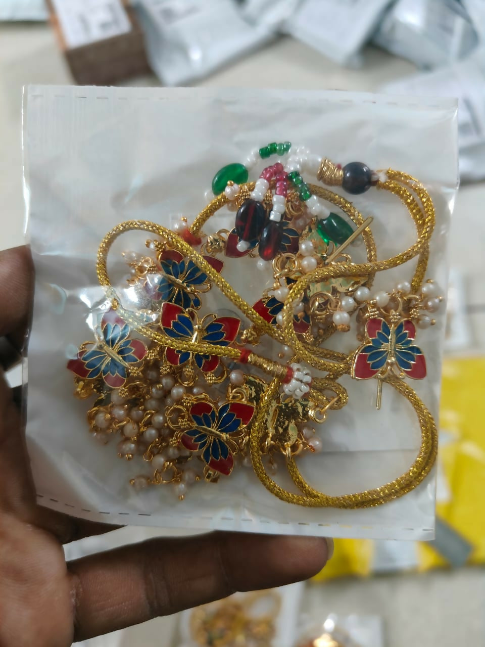 Vibrant Red & Blue Enamel Butterfly Choker Set with Pearl Drops