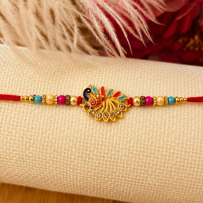 Peacock Rakhi Elegant Stone Detailing with Red Thread (10pcs)