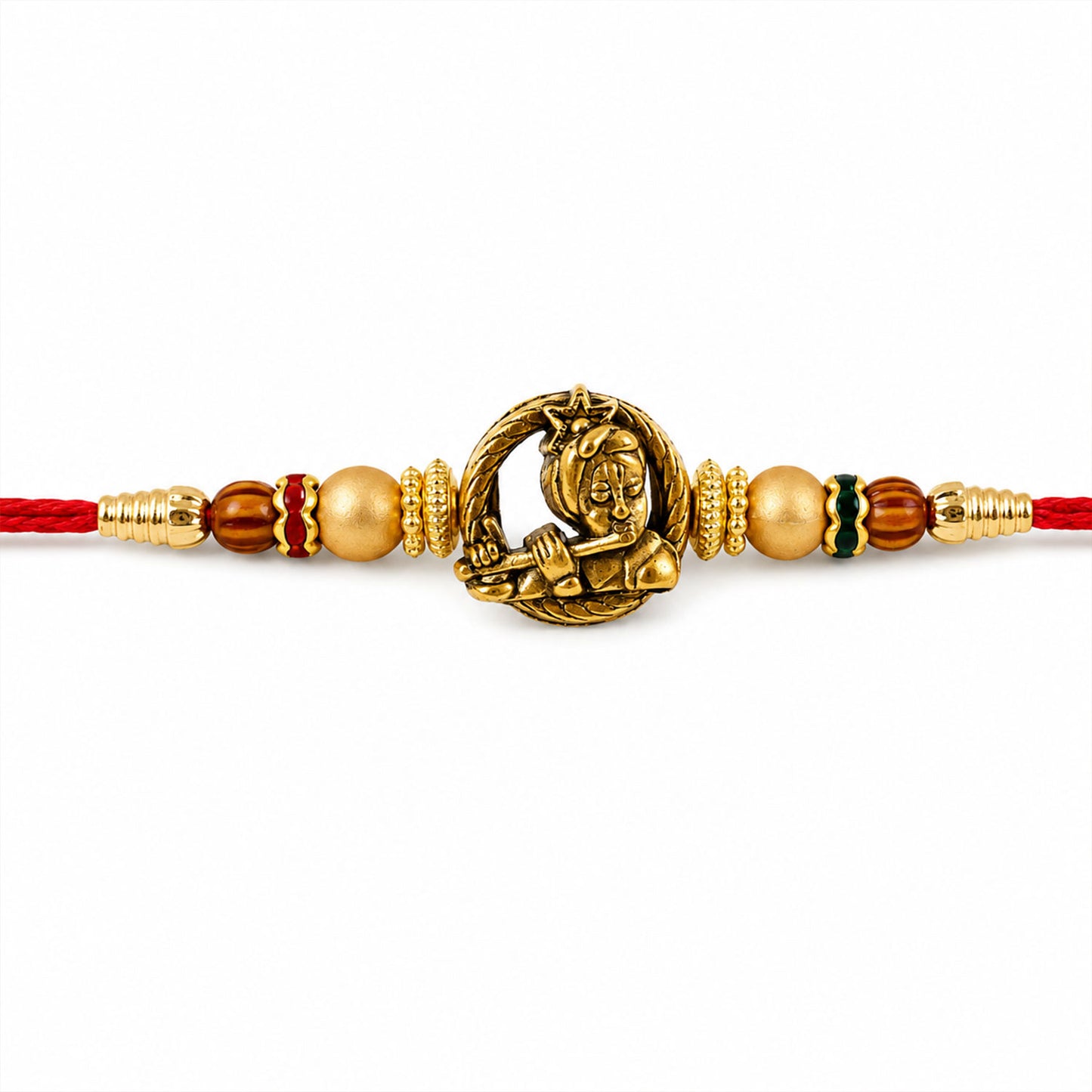 Kanha Krishna Name Devotional Rakhi with Golden Flute Detail and Red Thread