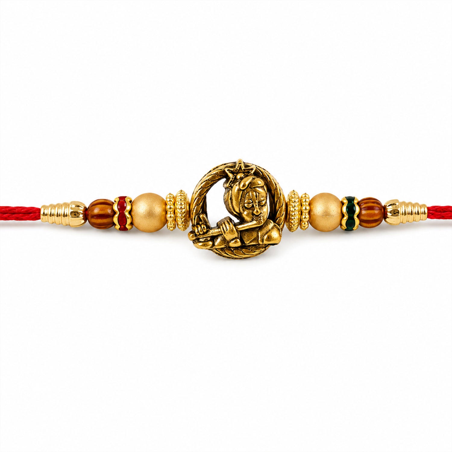 Kanha Krishna Name Devotional Rakhi with Golden Flute Detail and Red Thread