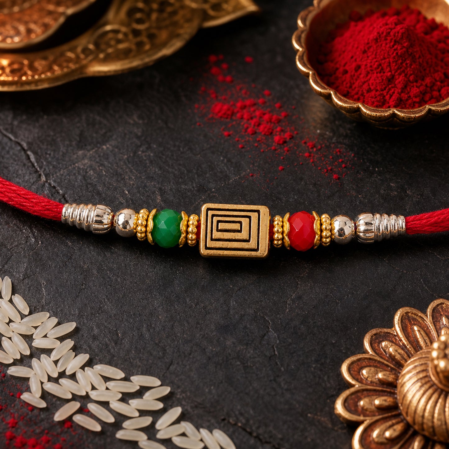Red Thread Rakhi with Carved Golden Rectangular Charm Pendant