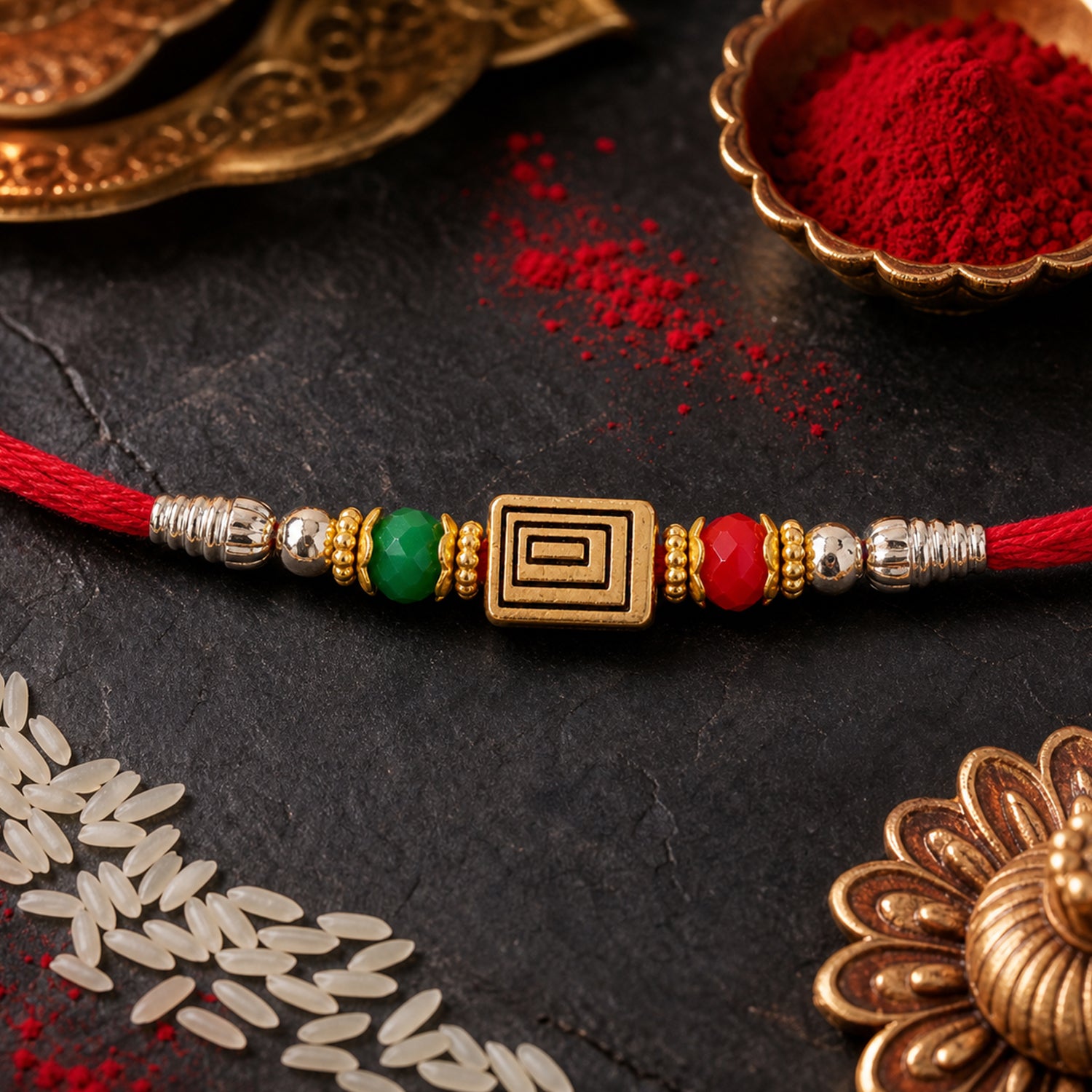 Red Thread Rakhi with Carved Golden Rectangular Charm Pendant