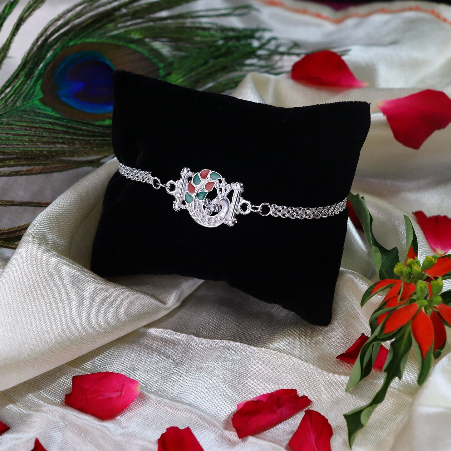 Silver Mor Peacock Meenakari Enamel Crystal Chain Rakhi (10pcs)