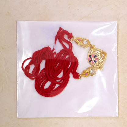 Festive Rakhi featuring Ornate Floral Charm, pearl accents and chain look for Gift