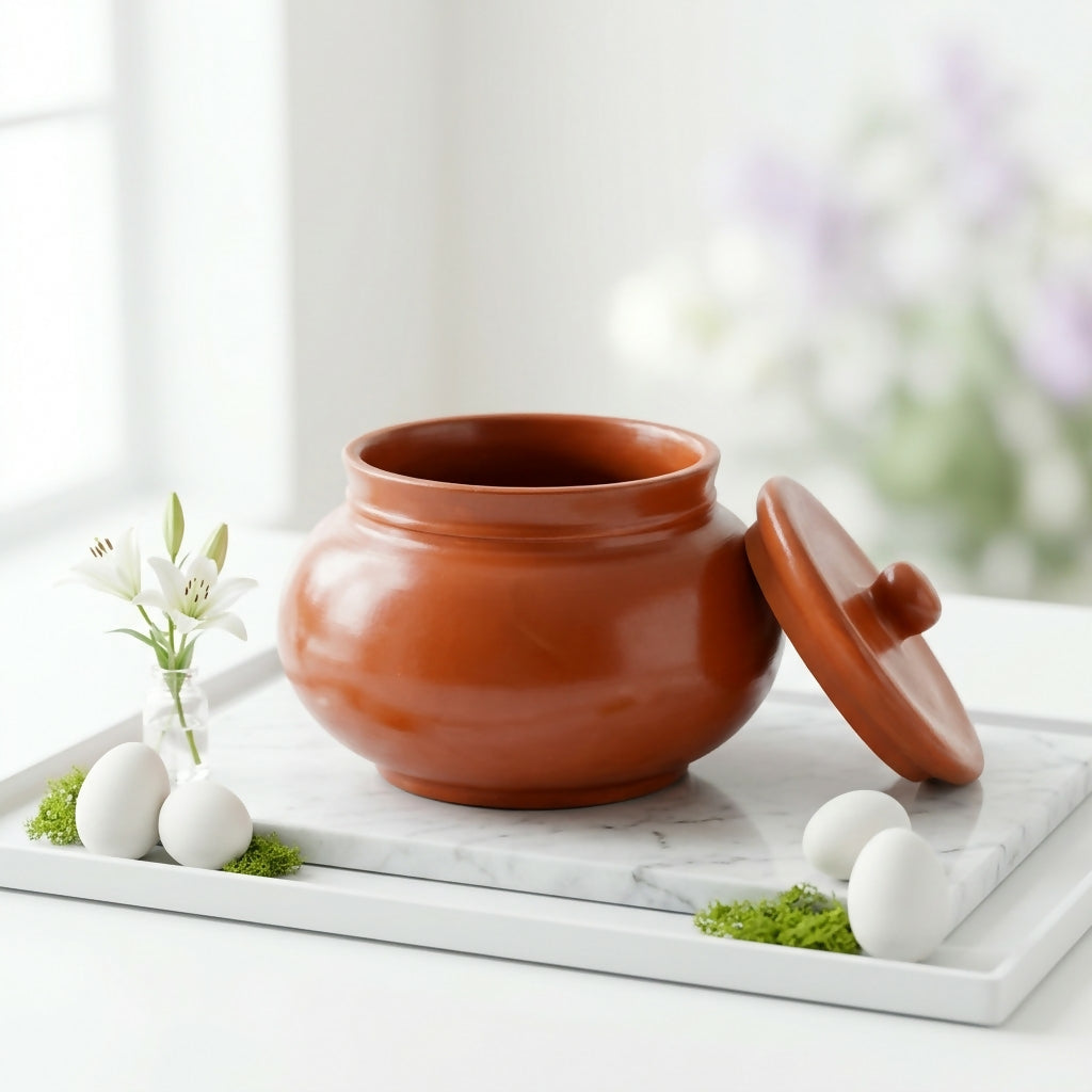 Side view of natural terracotta dahi handi pot with lid