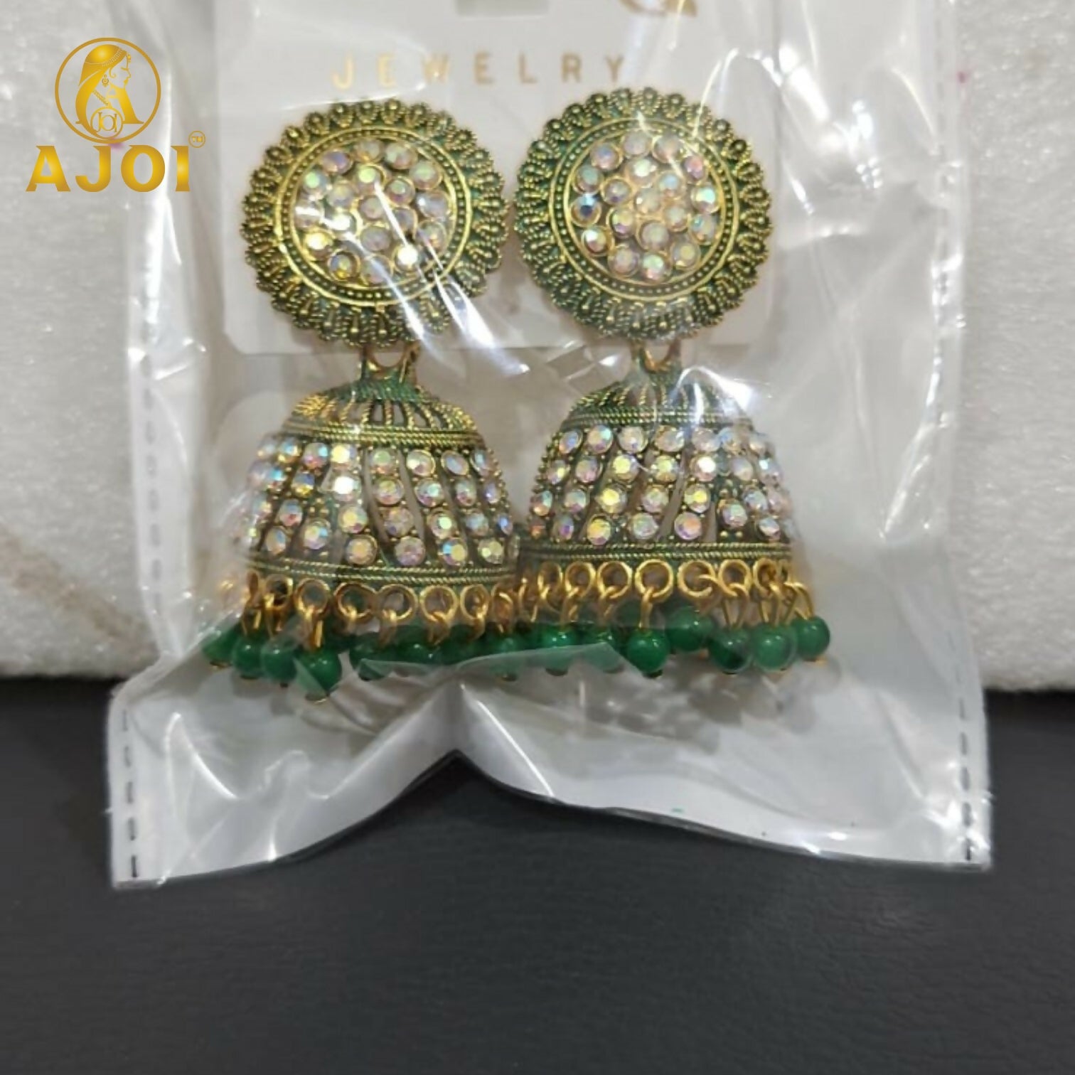 Antique Gold Pearl Jhumka Earrings with Elegant Green Bead Drops