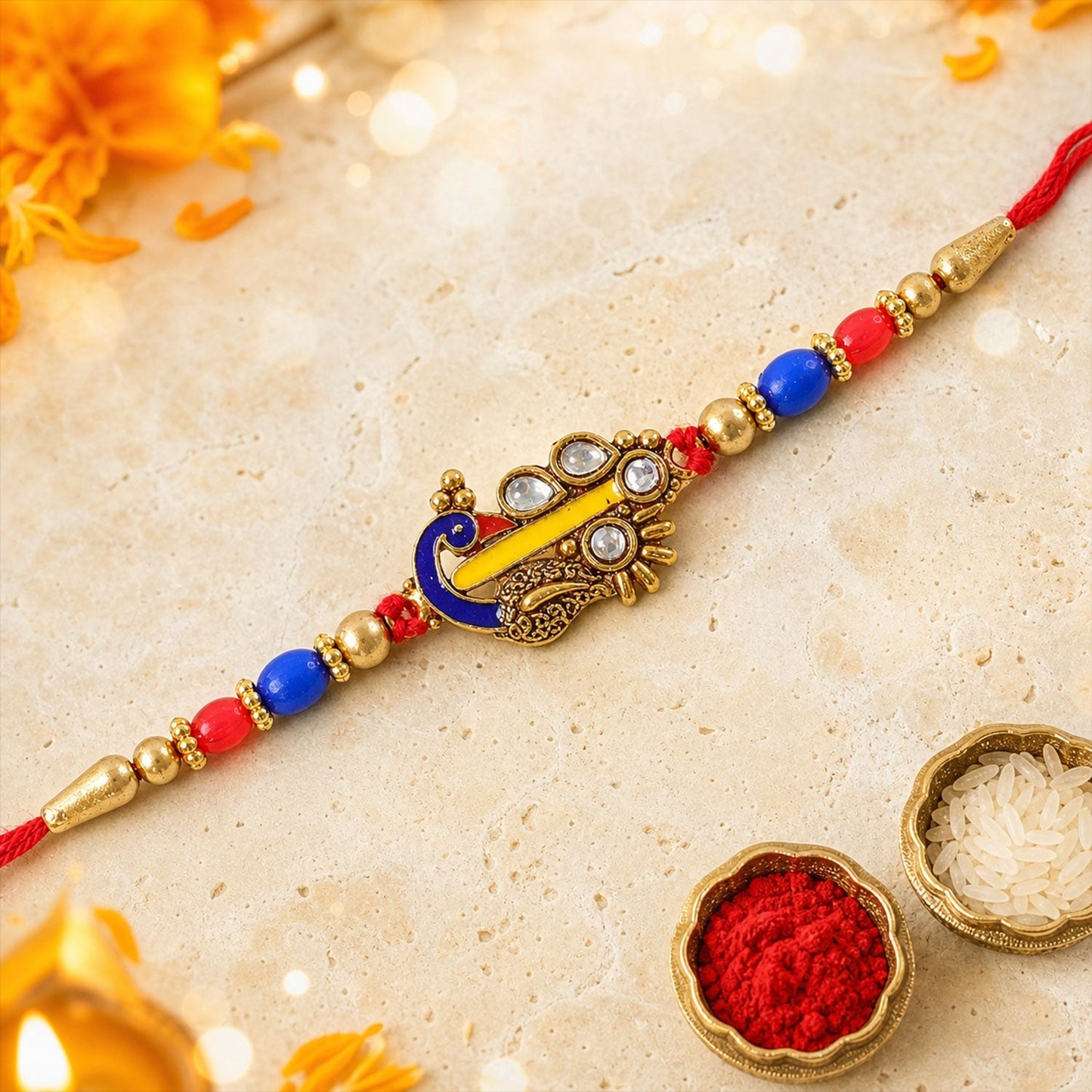 Paisley Peacock Kundan Beaded Rakhi for Brother (5pcs)