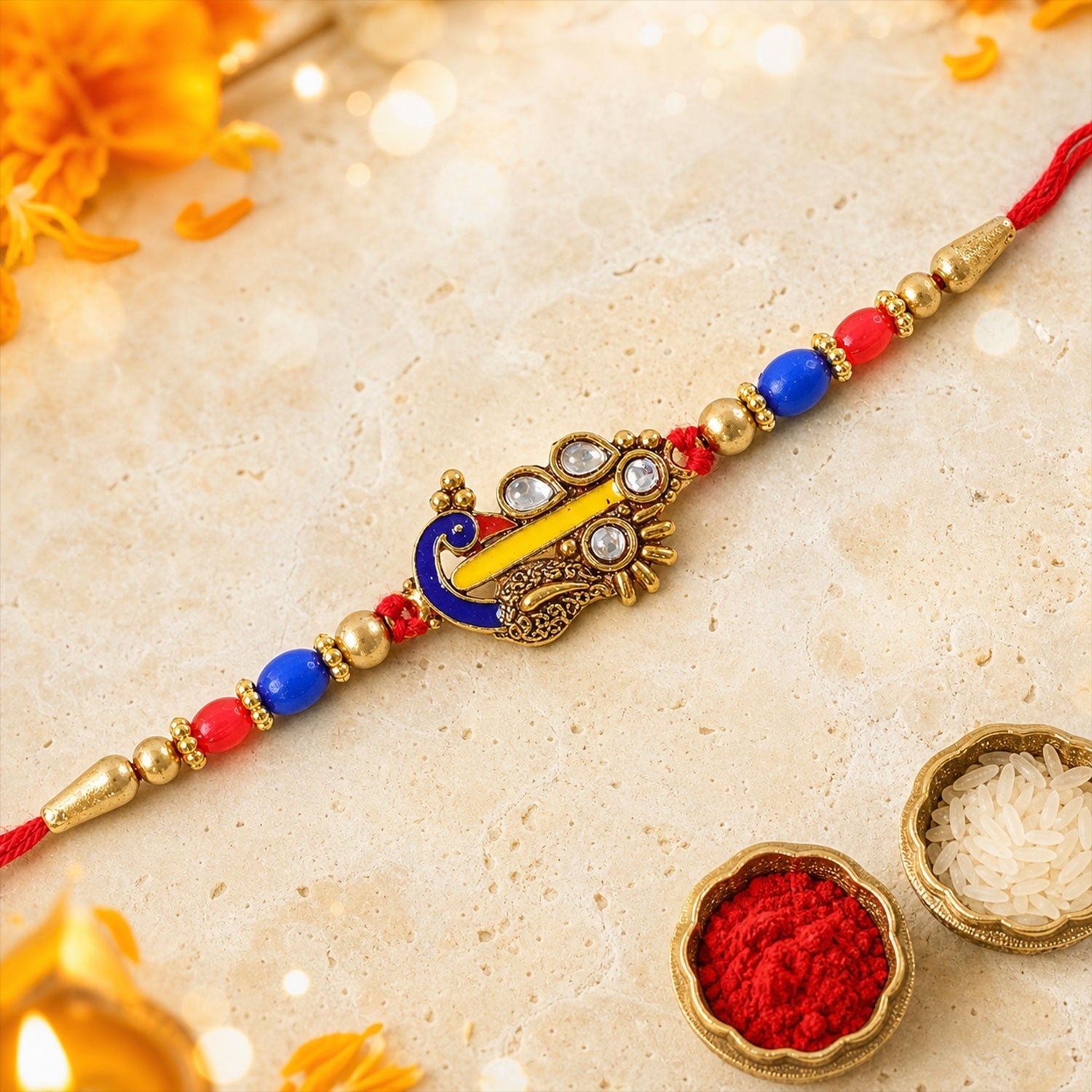 Paisley Peacock Kundan Beaded Rakhi for Brother (5pcs)