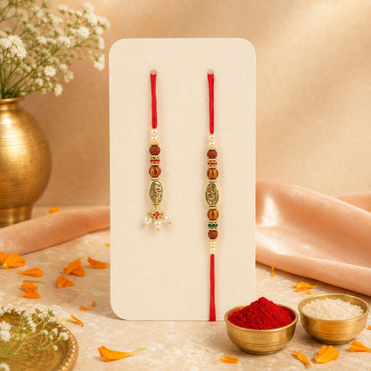 Antique Om Couple Rakhi Set with Rudraksha Style Beads and Pearl Lumba Charm Design